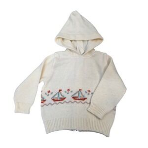 Kids Count Vintage Cream Sailboat Knit Hooded Zipper Sweater Baby 18 month / A40